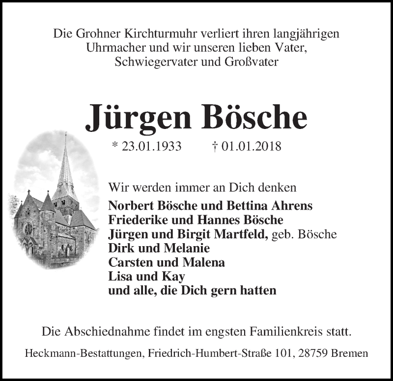 Traueranzeige von Jürgen Bösche von Die Norddeutsche