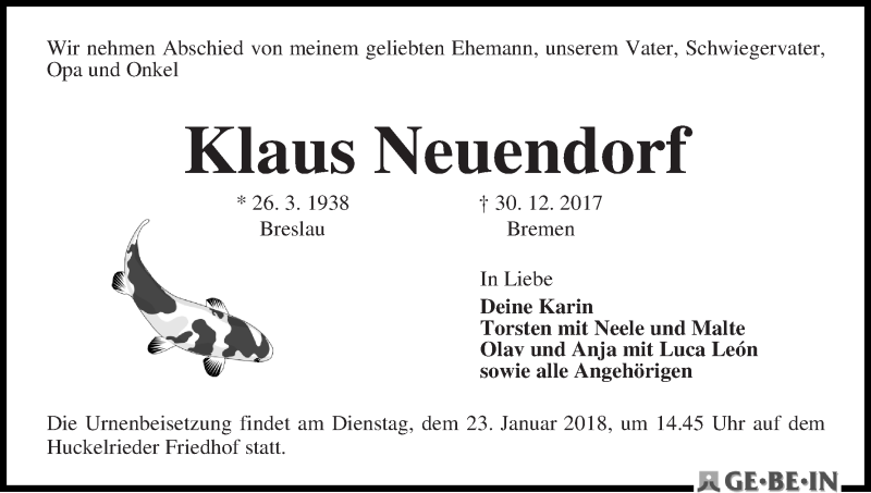 Traueranzeige von Klaus Neuendorf von WESER-KURIER