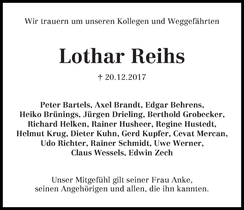 Traueranzeige von Lothar Reihs von WESER-KURIER