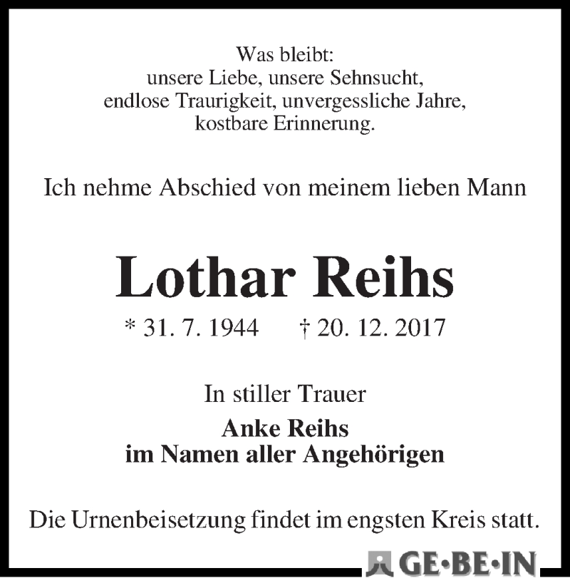 Traueranzeige von Lothar Reihs von WESER-KURIER