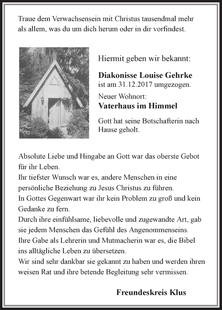 Traueranzeige von Louise Gehrke von WESER-KURIER