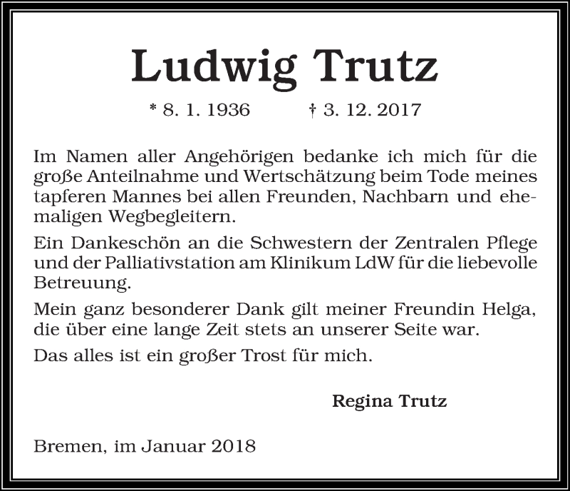 Traueranzeige von Ludwig Trutz von WESER-KURIER