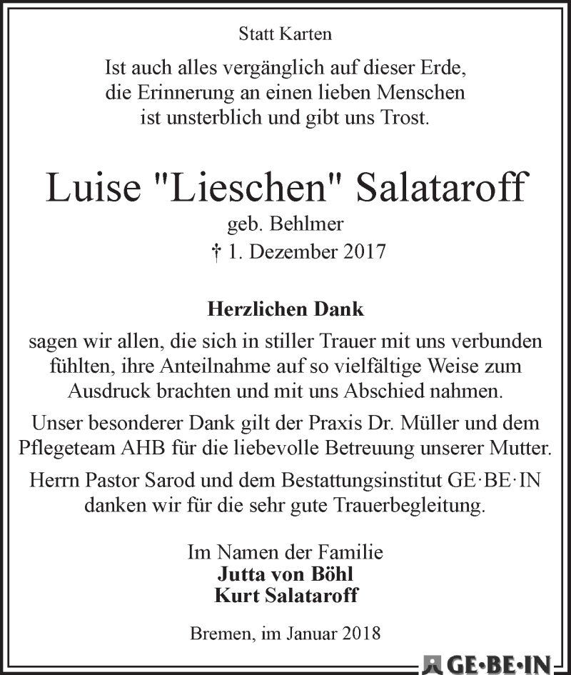 Traueranzeige von Luise Salataroff von WESER-KURIER