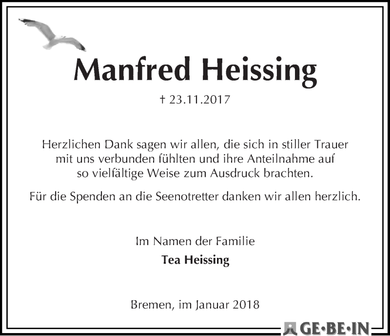 Traueranzeige von Manfred Heissing von WESER-KURIER