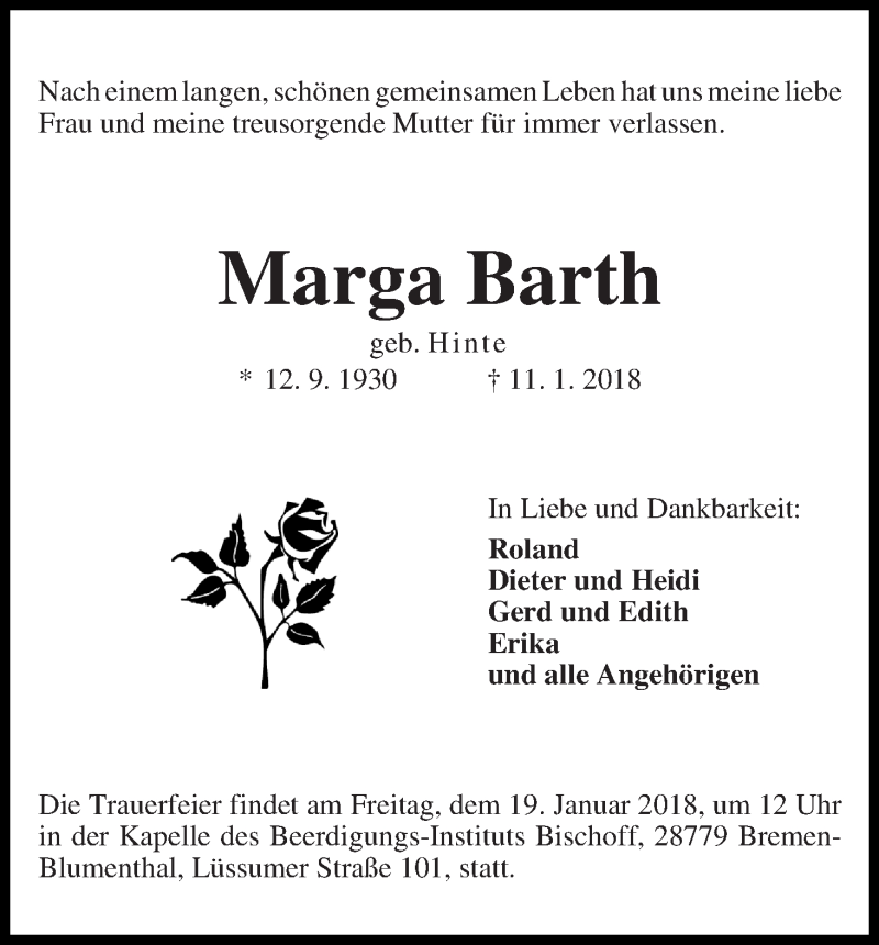 Traueranzeige von Marga Barth von Die Norddeutsche