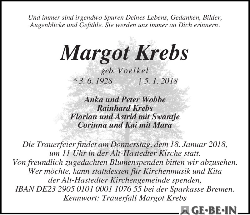 Traueranzeige von Margot Krebs von WESER-KURIER