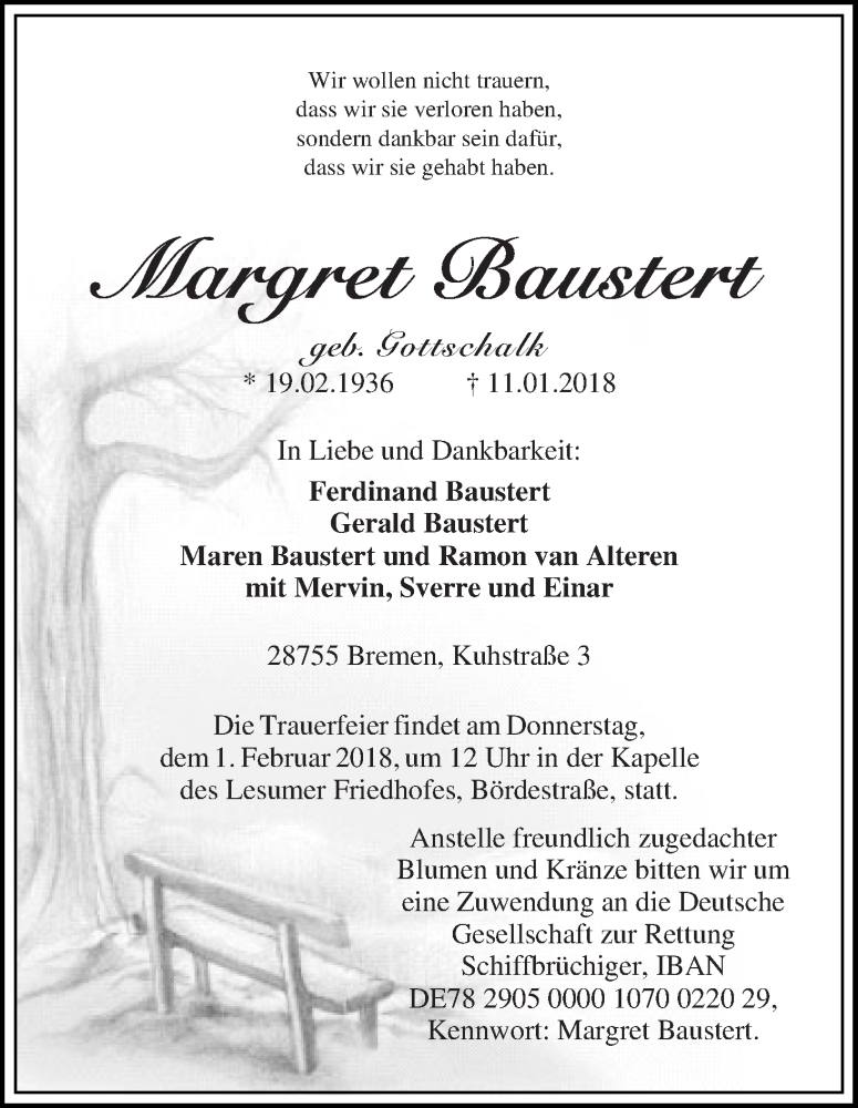 Traueranzeige von Margret Baustert von Die Norddeutsche