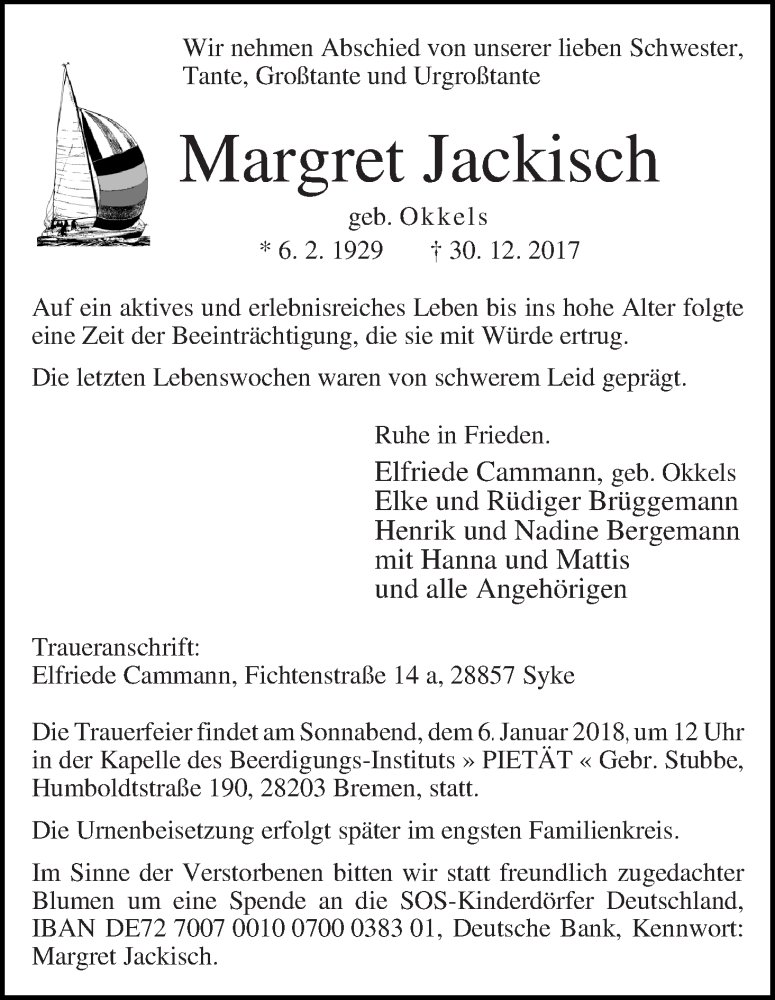 Traueranzeige von Margret Jackisch von WESER-KURIER