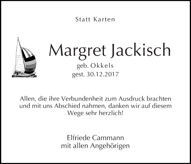 Traueranzeige von Margret Jackisch von Die Norddeutsche