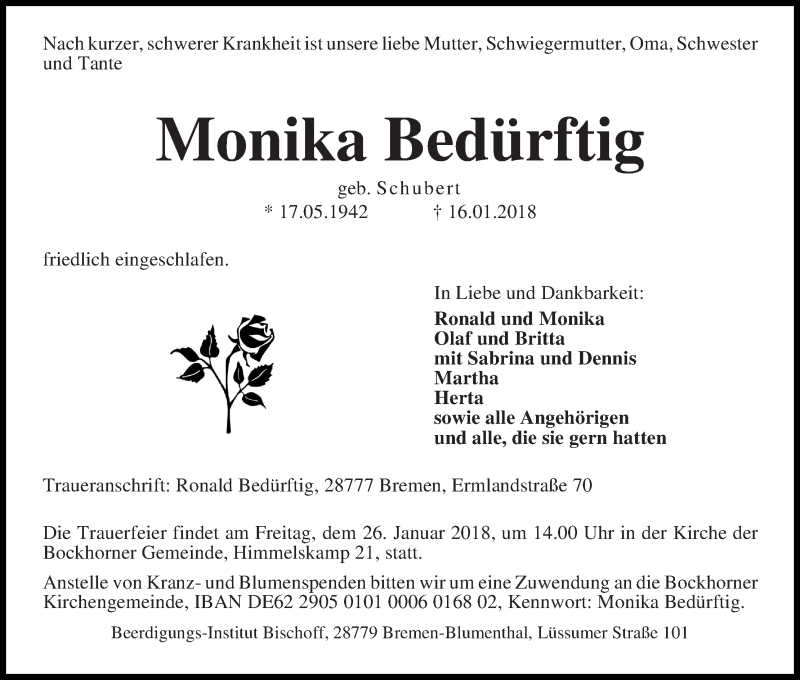 Traueranzeige von Monika Bedürftig von Die Norddeutsche