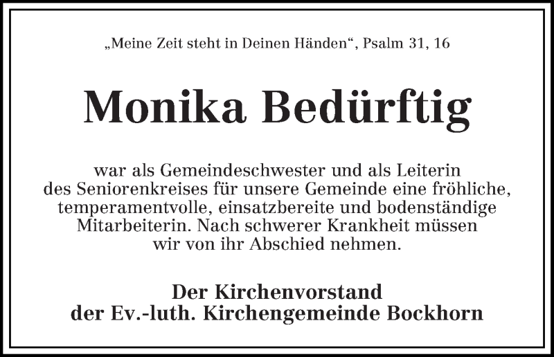 Traueranzeige von Monika Bedürftig von Die Norddeutsche