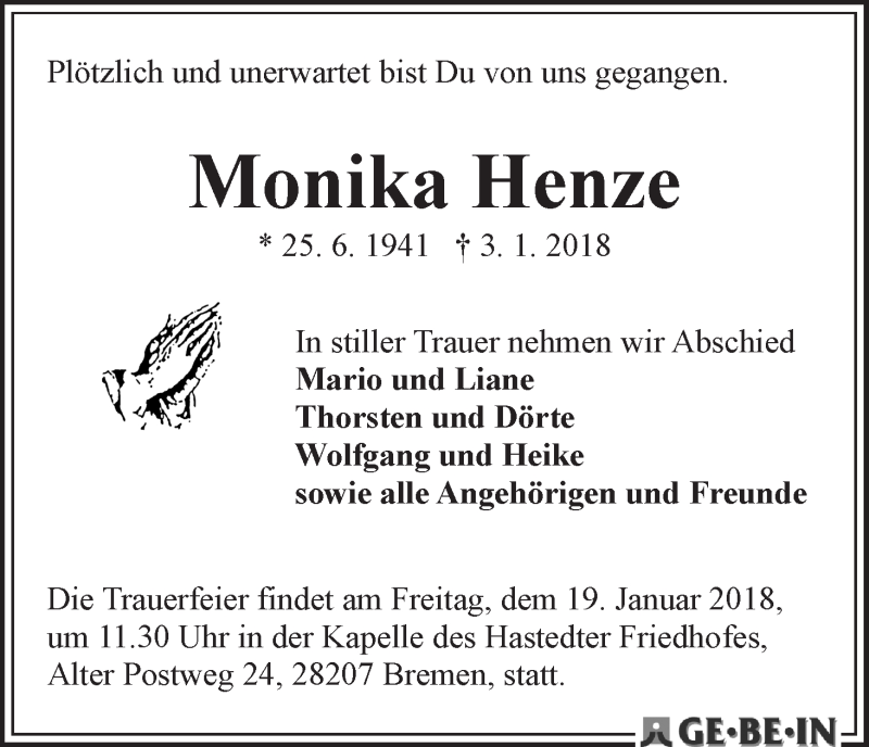 Traueranzeige von Monika Henze von WESER-KURIER