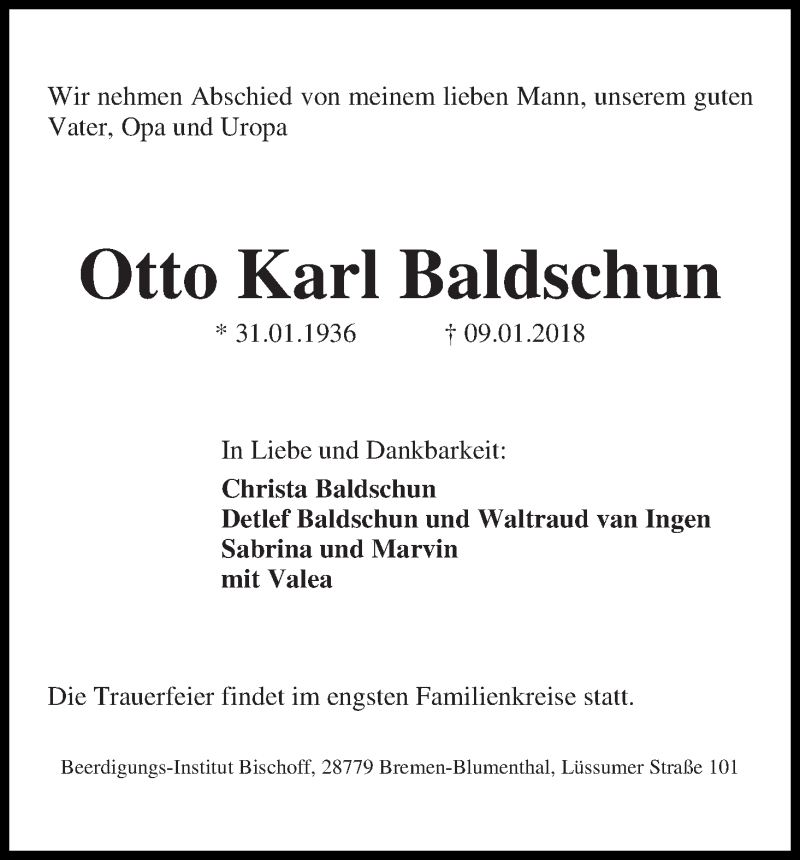 Traueranzeige von Otto Karl Baldschun von Die Norddeutsche