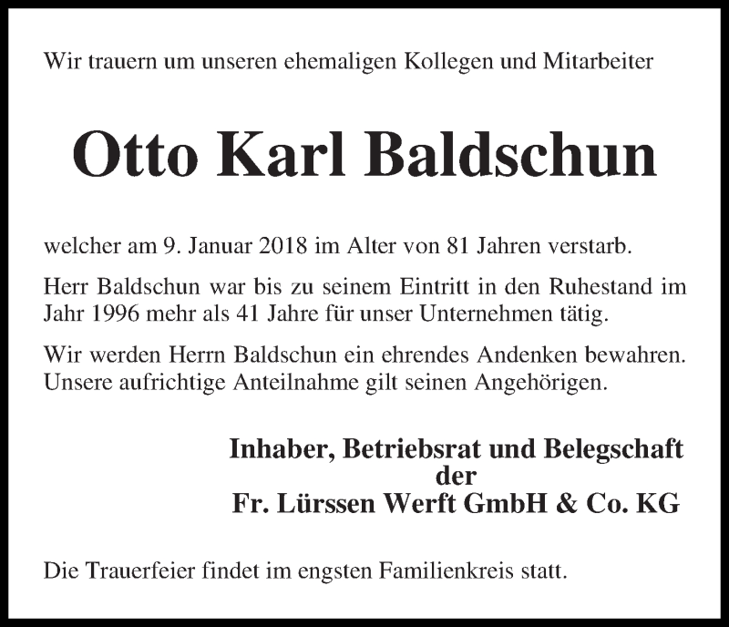 Traueranzeige von Otto Karl Baldschun von Die Norddeutsche