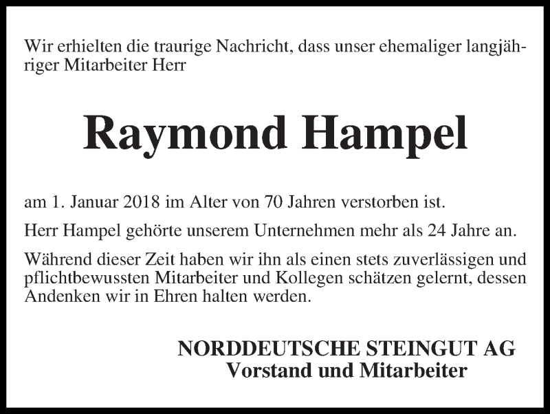 Traueranzeige von Raymond Douglas Hampel von Die Norddeutsche