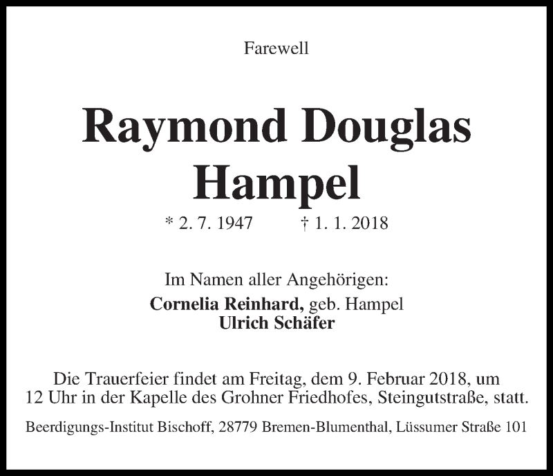Traueranzeige von Raymond Douglas Hampel von Die Norddeutsche