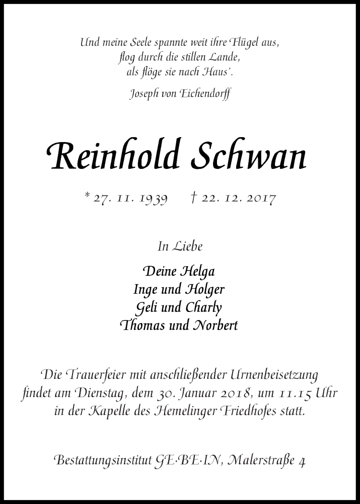 Traueranzeige von Reinhold Schwan von WESER-KURIER