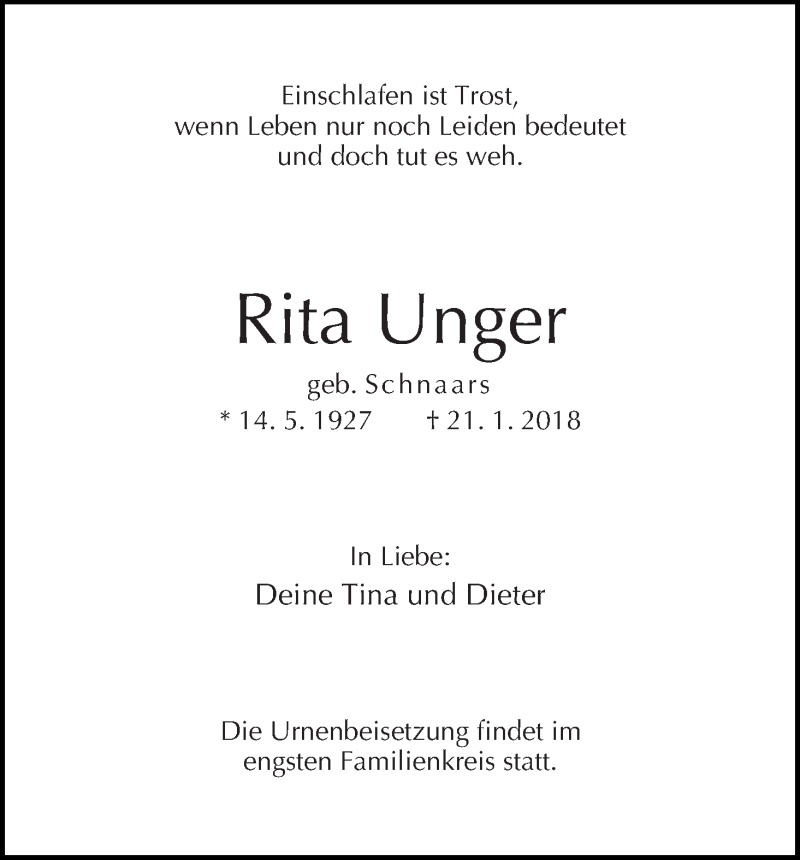 Traueranzeige von Rita Unger von WESER-KURIER