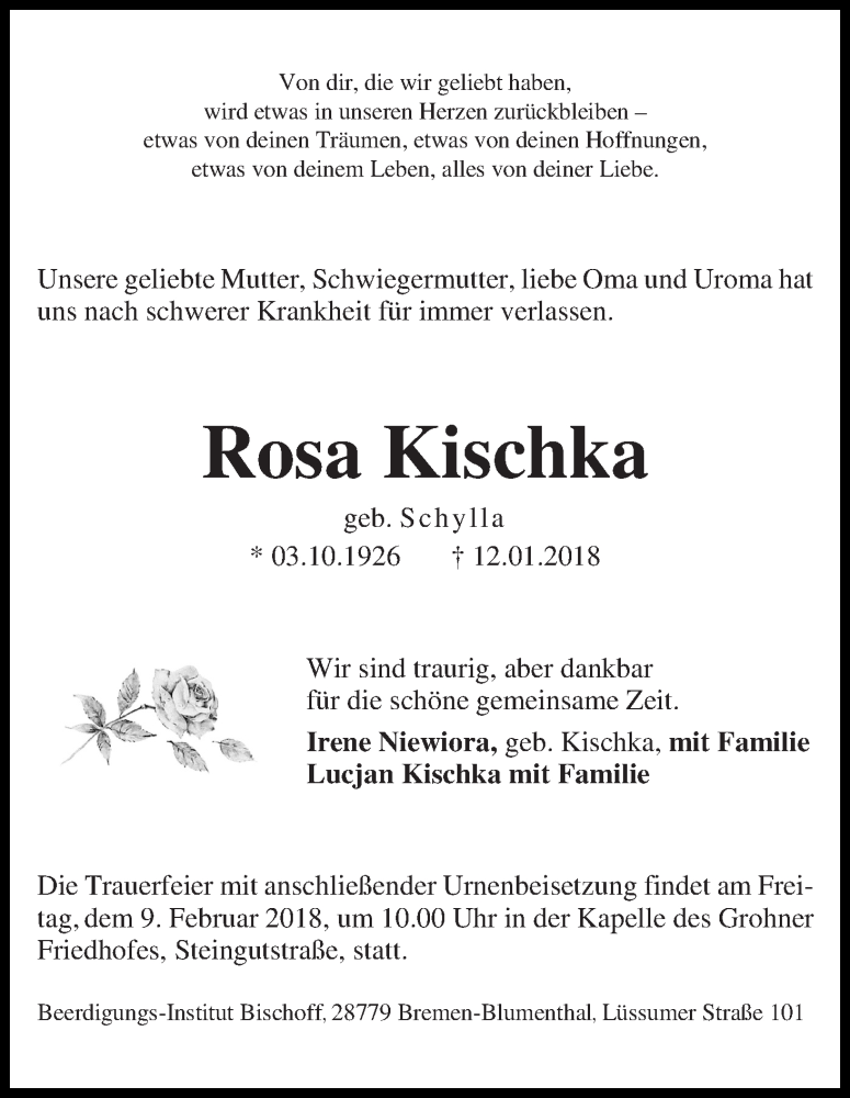 Traueranzeige von Rosa Kischka von Die Norddeutsche