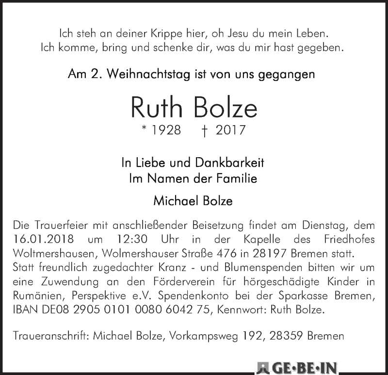 Traueranzeige von Ruth Bolze von WESER-KURIER