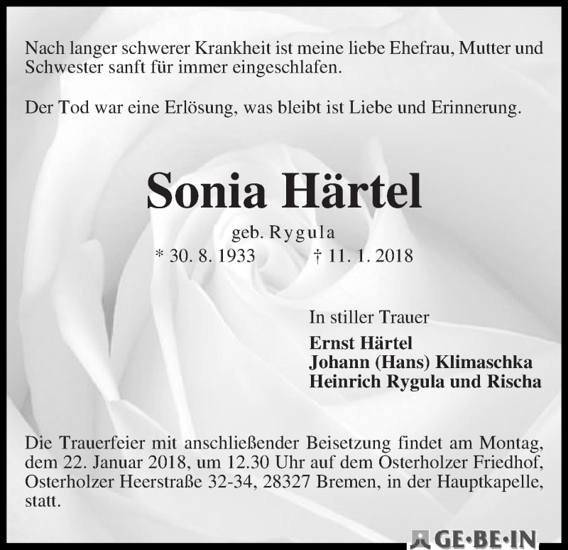 Traueranzeige von Sonia Härtel von WESER-KURIER