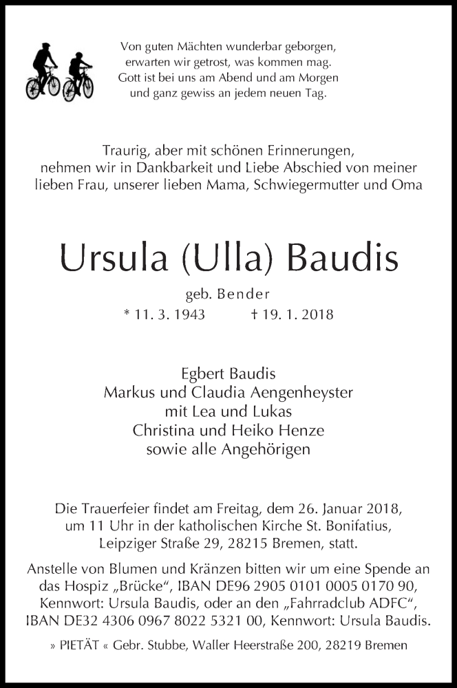 Traueranzeige von Ursula (Ulla) Baudis von WESER-KURIER