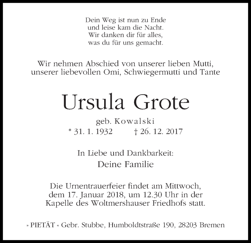 Traueranzeige von Ursula Grote von WESER-KURIER
