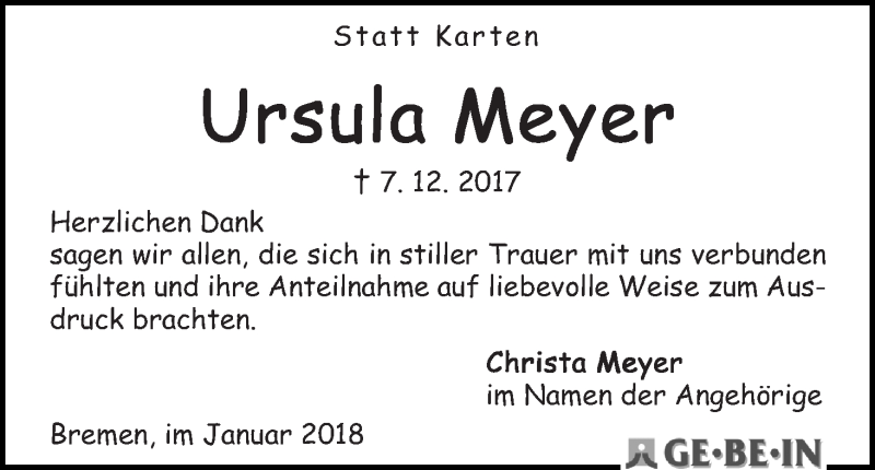 Traueranzeige von Ursula Meyer von WESER-KURIER
