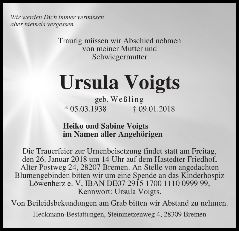 Traueranzeige von Ursula Voigts von WESER-KURIER