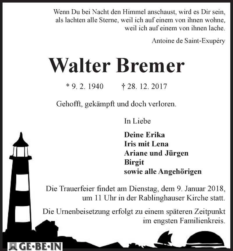 Traueranzeige von Walter Bremer von WESER-KURIER