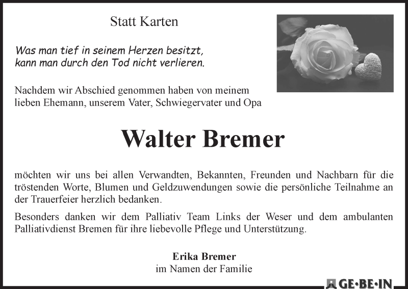 Traueranzeige von Walter Bremer von WESER-KURIER