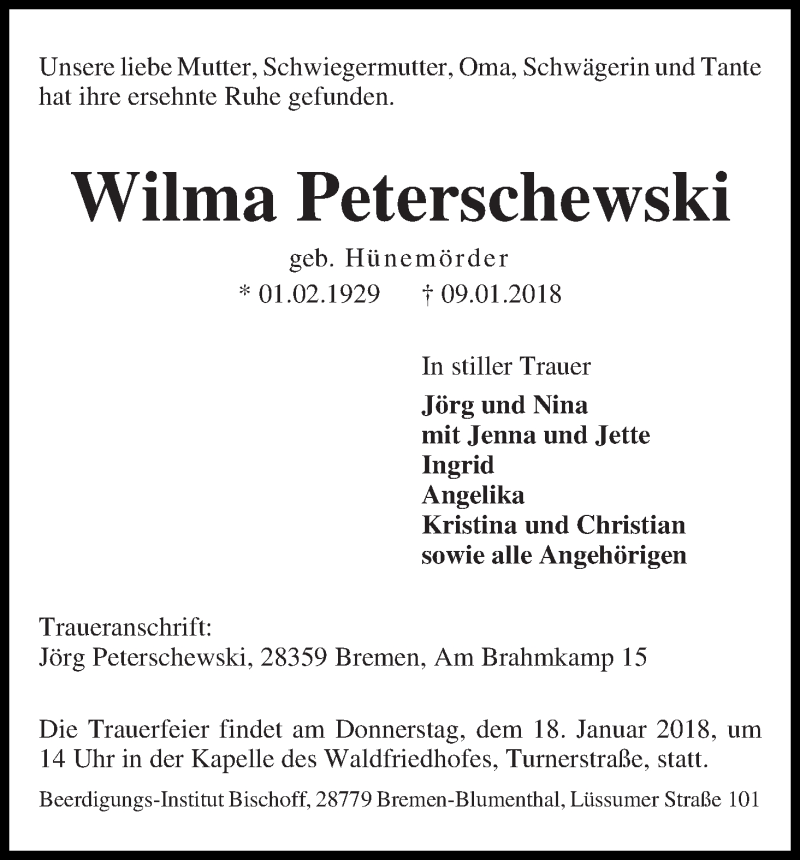 Traueranzeige von Wilma Peterschewski von Die Norddeutsche