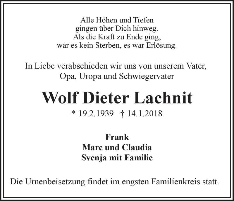 Traueranzeige von Wolf Dieter Lachnit von WESER-KURIER