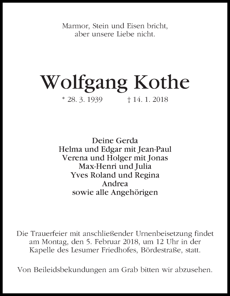 Traueranzeige von Wolfgang Kothe von WESER-KURIER