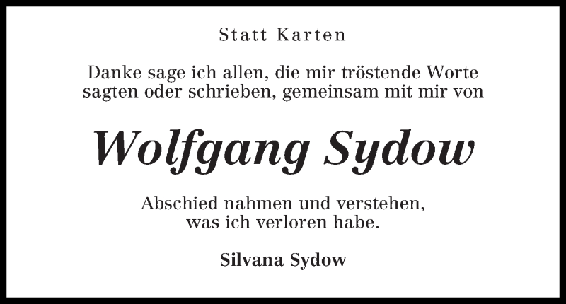 Traueranzeige von Wolfgang Sydow von WESER-KURIER