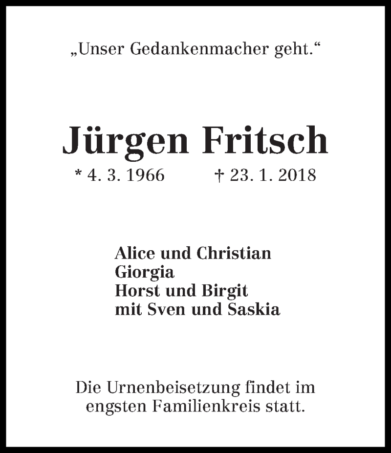 Traueranzeige von Jürgen Fritsch von WESER-KURIER