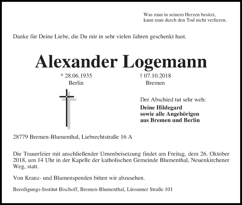 Traueranzeige von Alexander Logemann von Die Norddeutsche