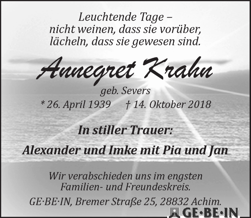 Traueranzeige von Annegret Krahn von WESER-KURIER