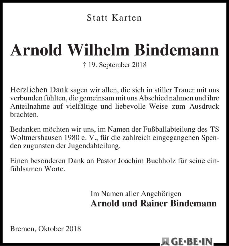 Traueranzeige von Arnold Wilhelm Bindemann von WESER-KURIER