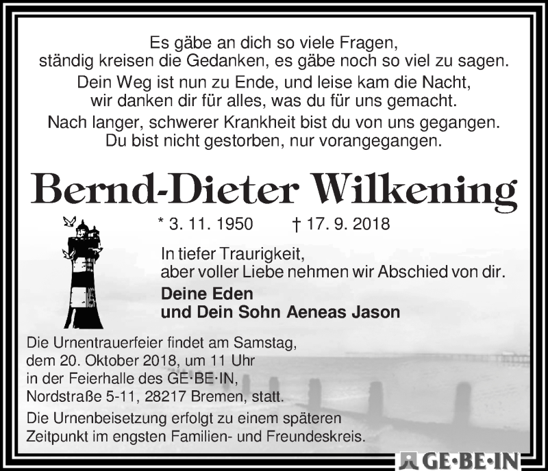 Traueranzeige von Bernd-Dieter Wilkening von WESER-KURIER