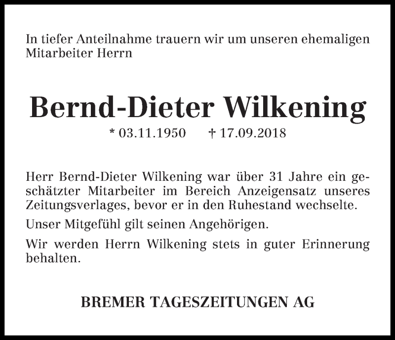 Traueranzeige von Bernd-Dieter Wilkening von WESER-KURIER