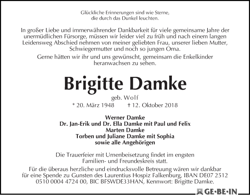 Traueranzeige von Brigitte Damke von WESER-KURIER