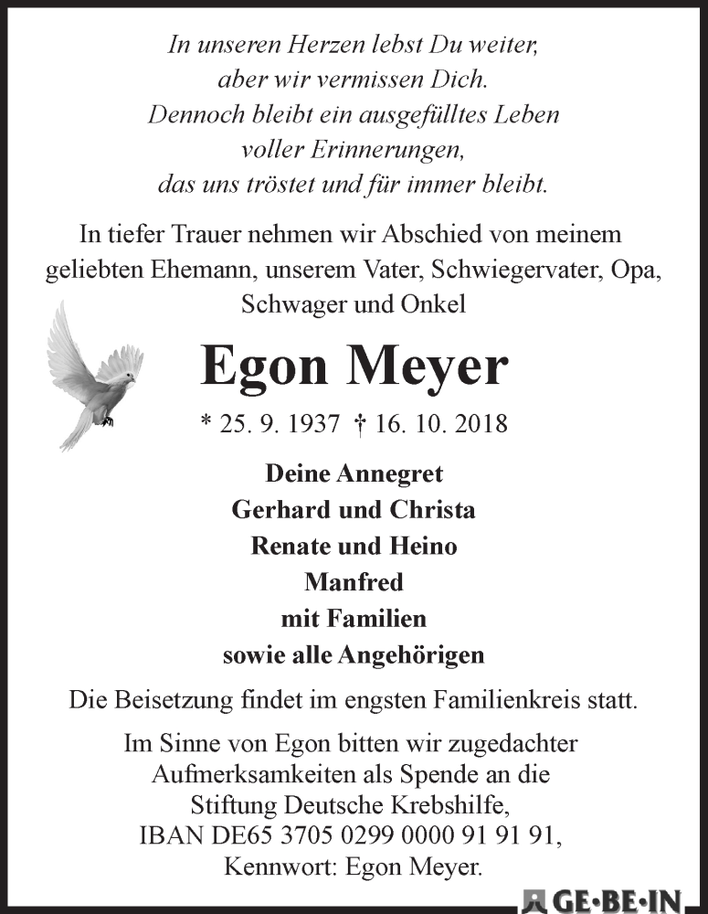 Traueranzeige von Egon Meyer von WESER-KURIER