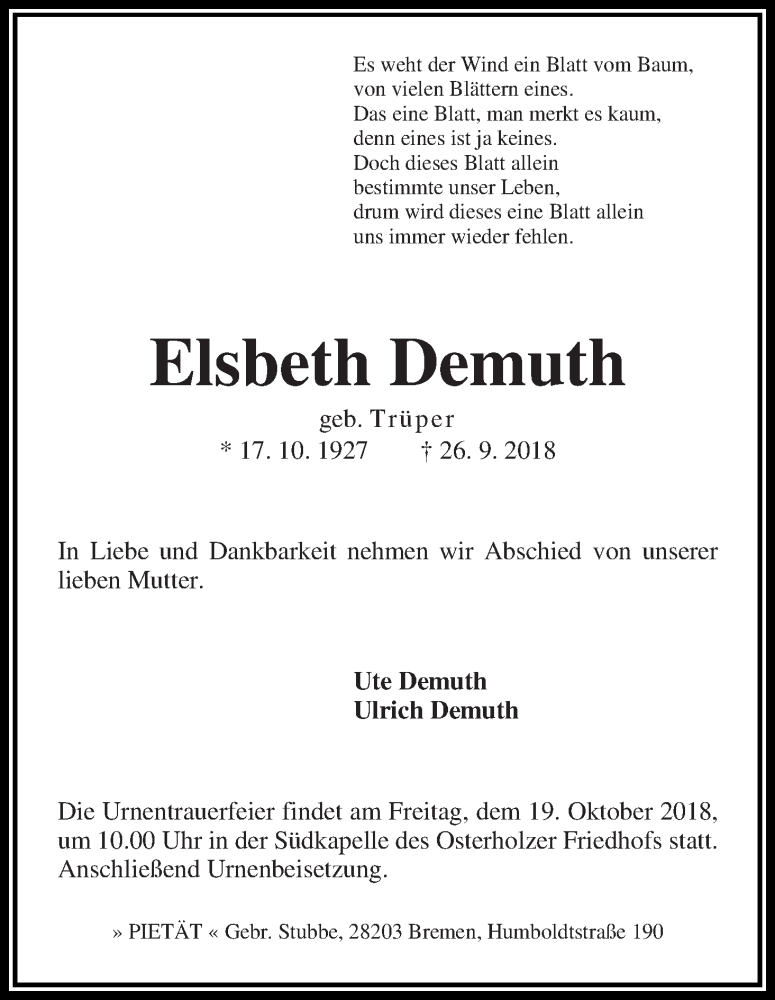 Traueranzeige von Elsbeth Demuth von WESER-KURIER
