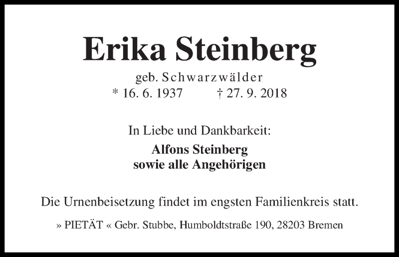 Traueranzeige von Erika Steinberg von WESER-KURIER