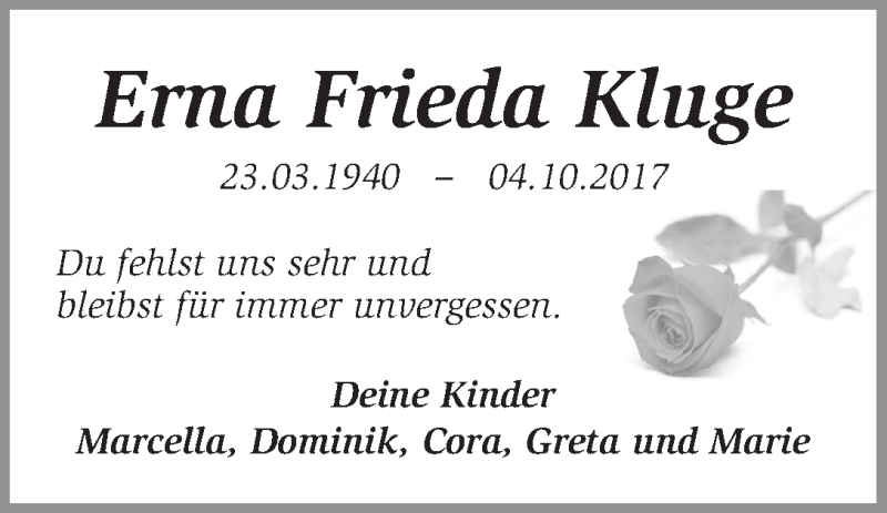Traueranzeige von Erna Frieda Kluge von WESER-KURIER
