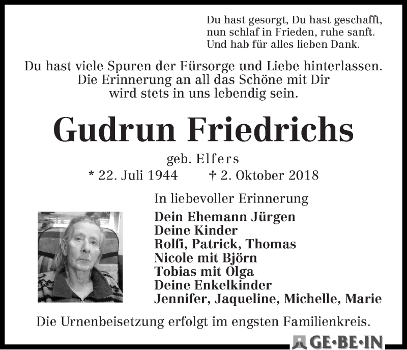 Traueranzeige von Gudrun Friedrichs von WESER-KURIER