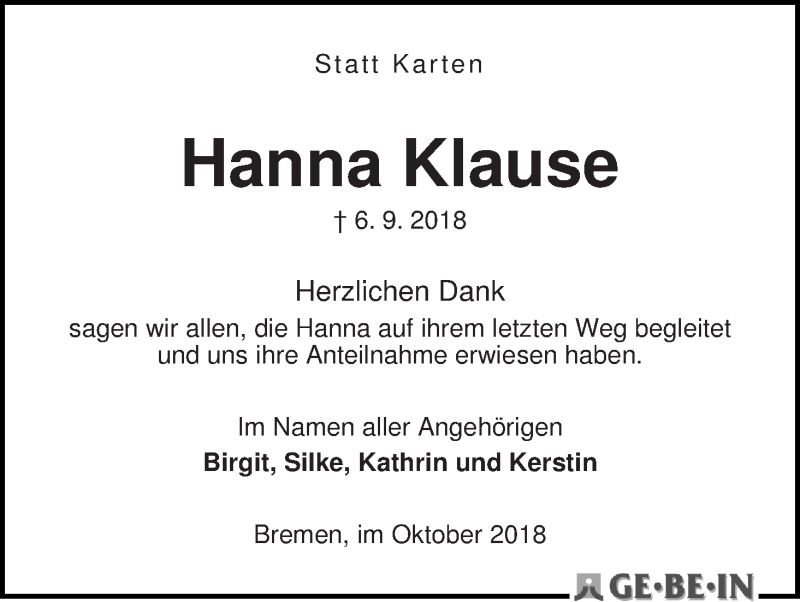 Traueranzeige von Hanna Klause von WESER-KURIER