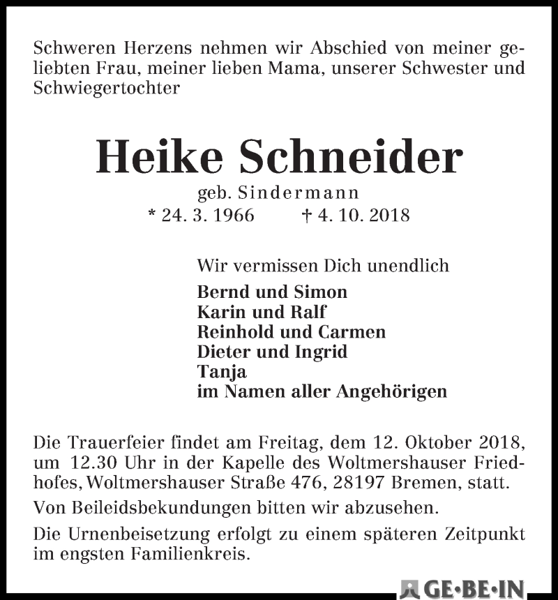 Traueranzeige von Heike Schneider von WESER-KURIER