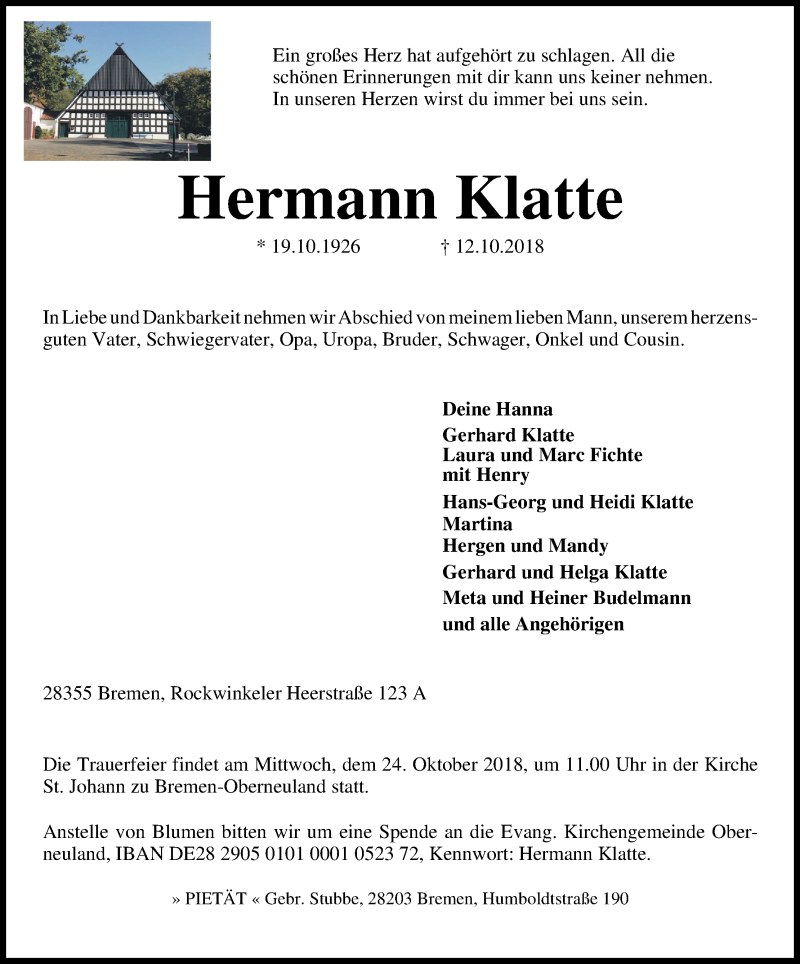 Traueranzeige von Hermann Klatte von WESER-KURIER